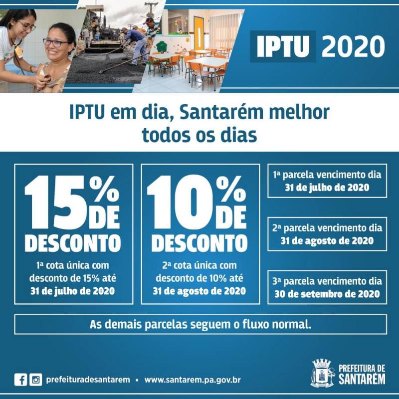 Prazo para pagamento da cota única do IPTU 2020 com desconto de 15% encerra nesta sexta-feira, 31