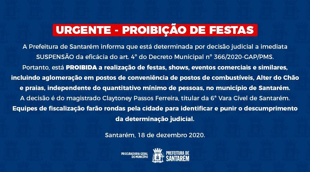 Justiça proíbe realização de festas e shows em Santarém