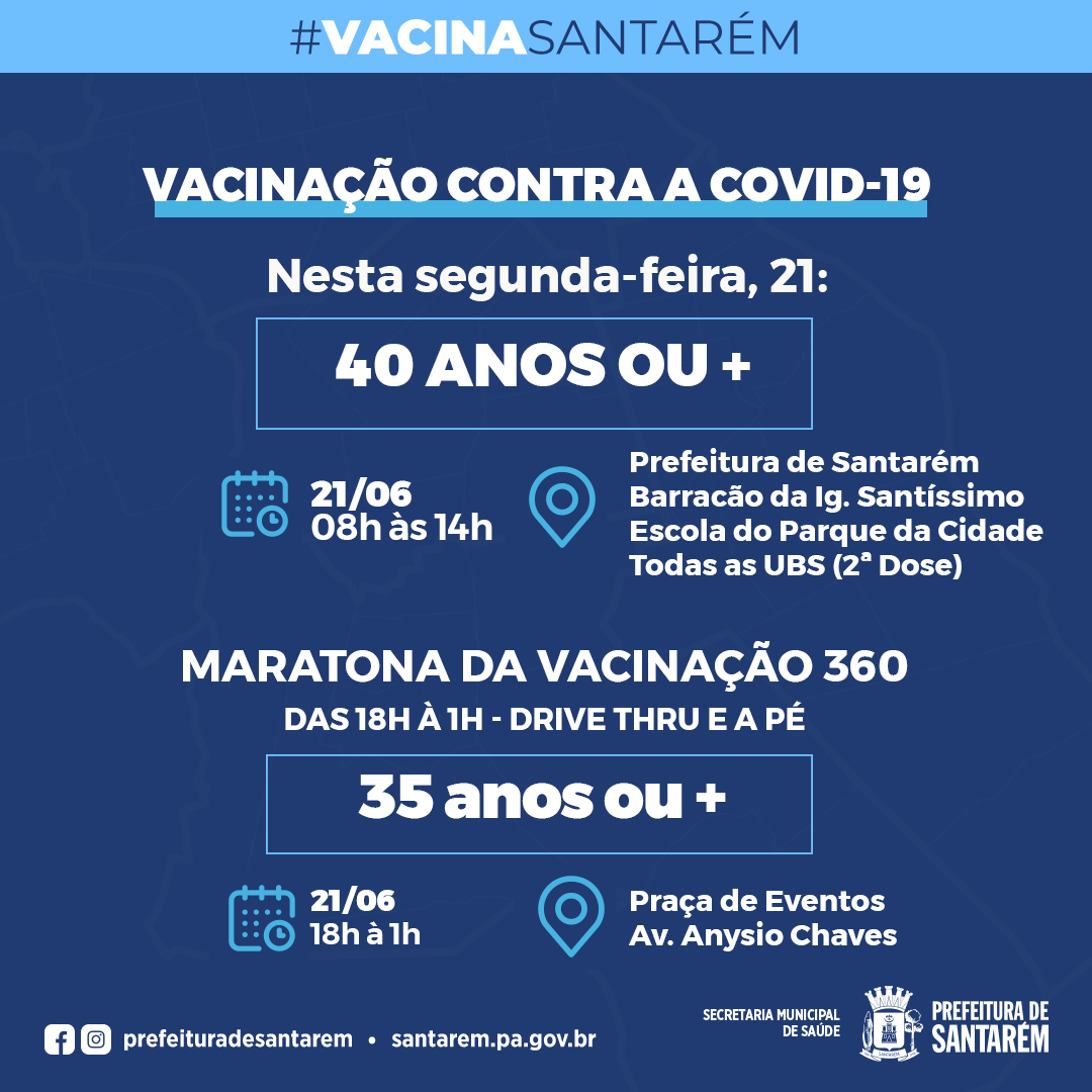 Covid-19: Prefeitura vacina 40 anos ou + das 8h às 14h em três pontos nesta segunda-feira, 21